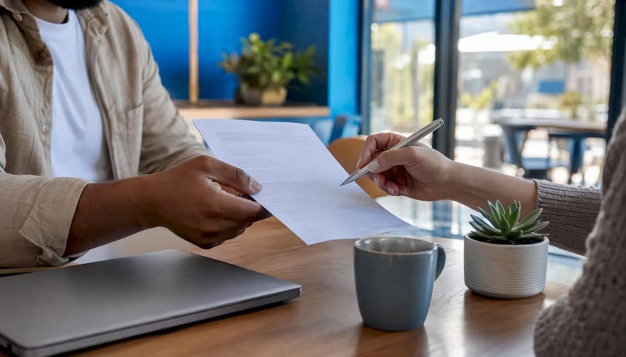 Hands exchanging UK phone number contract