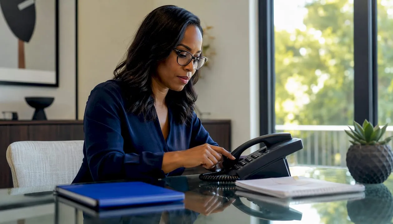 Woman dialing on phone keypad in home office