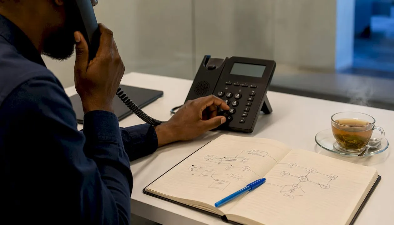Hands adjusting VoIP business phone equipment