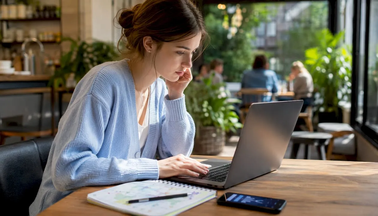 Woman analyzing mobile coverage maps at desk