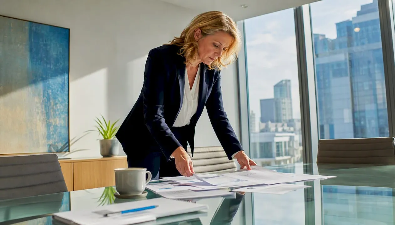 Consultant reviewing business line documents in UK office