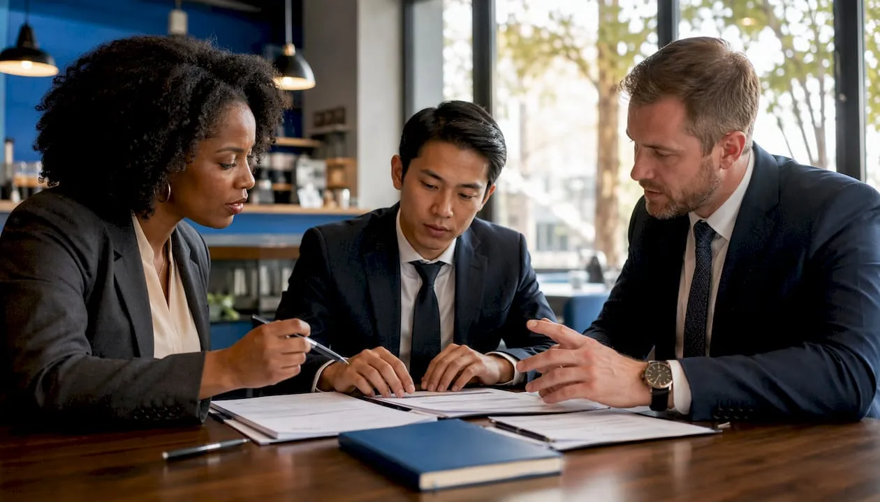 Law firm team discussing client case files in meeting room