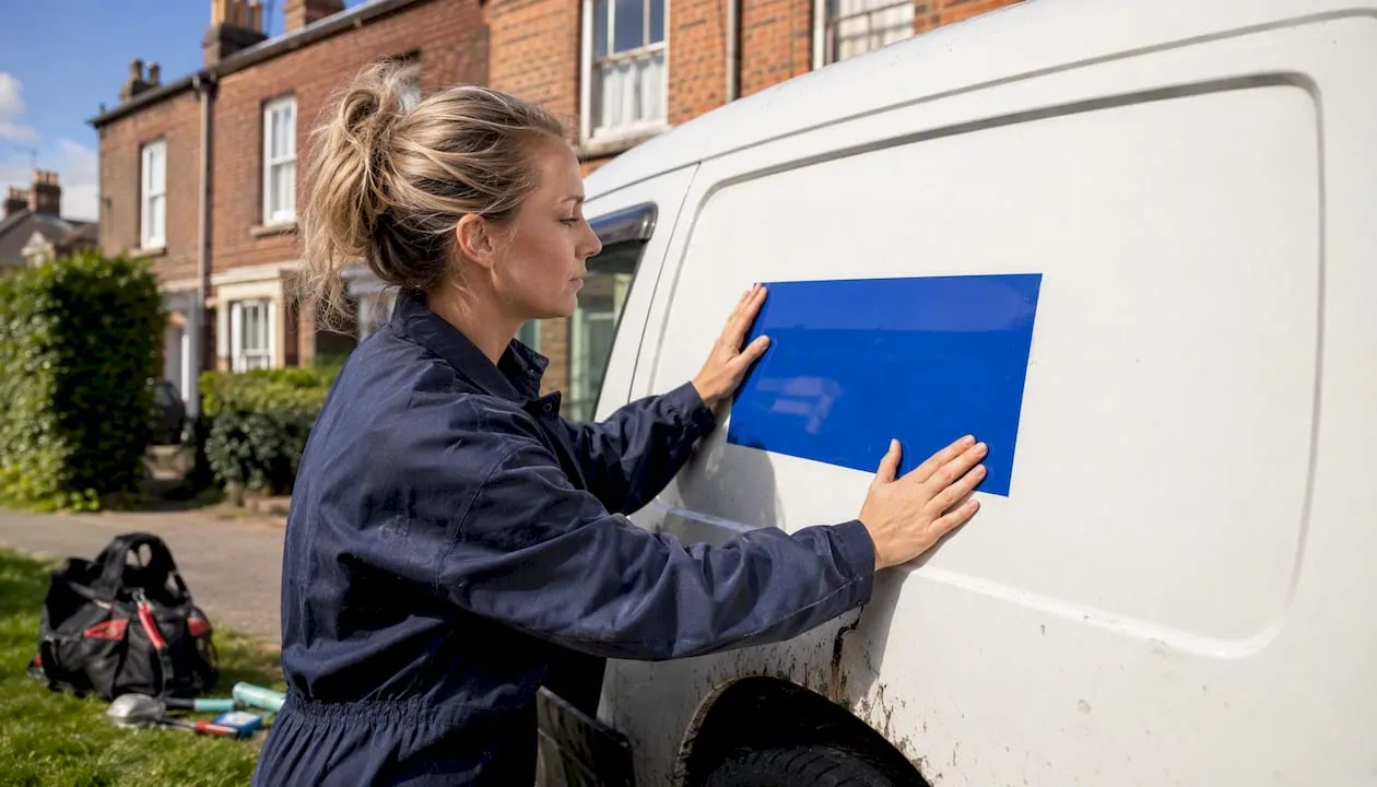 Plumber applying phone number sign on van