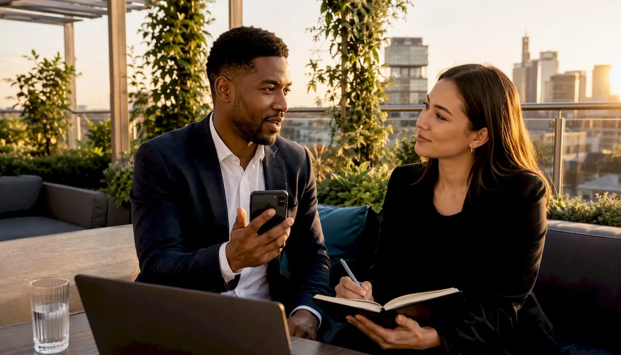 Business team discussing UK mobile numbers