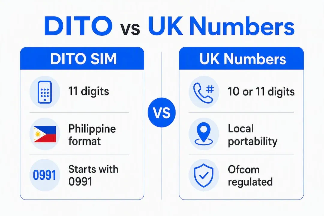 Infographic comparing DITO SIM and UK phone numbers