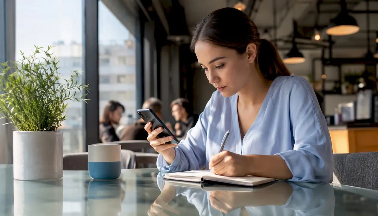 Person choosing mobile number on phone at desk