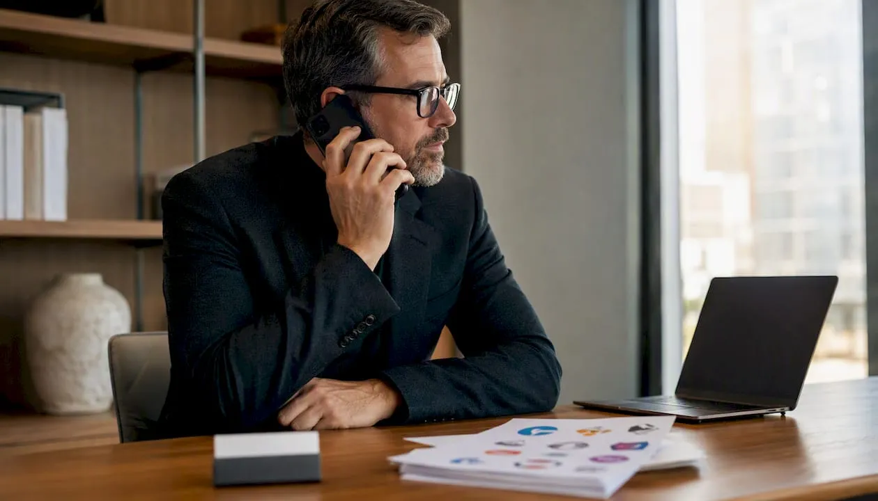 Businessman using phone reflecting brand identity