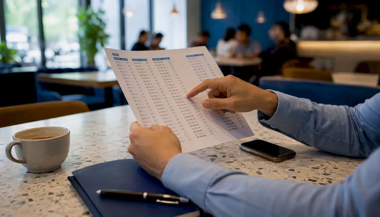 Hands reviewing printed mobile number pattern options