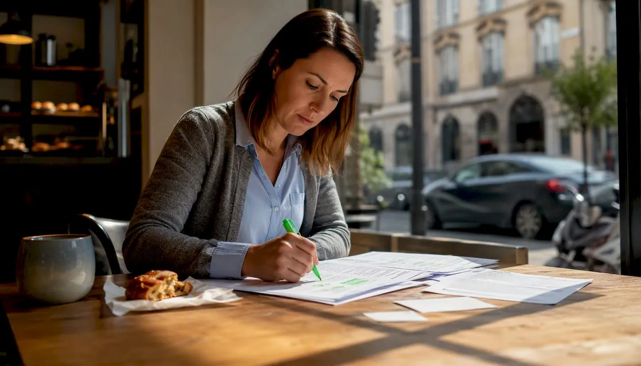 Businesswoman marking UK 07 mobile numbers on paper