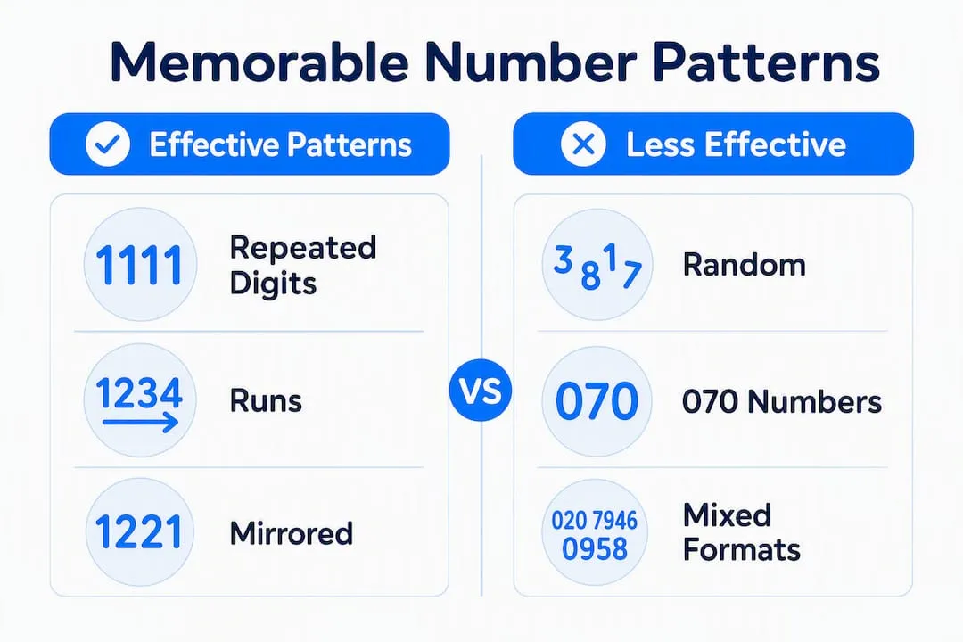 Infographic comparing memorable UK mobile number patterns to less effective ones