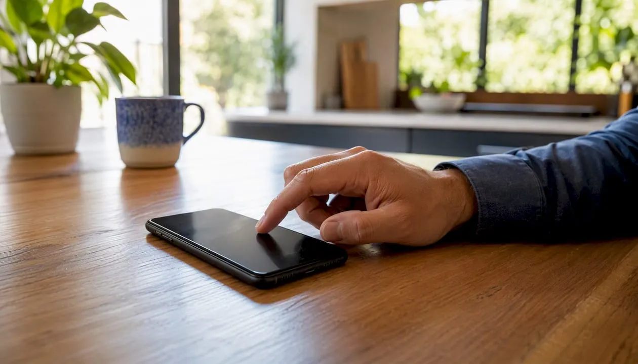 Hand entering UK phone number on smartphone