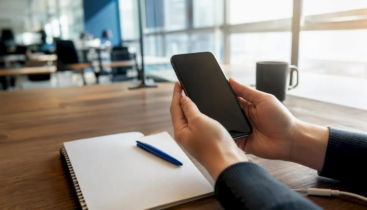 Hands holding smartphone with blank screen on desk