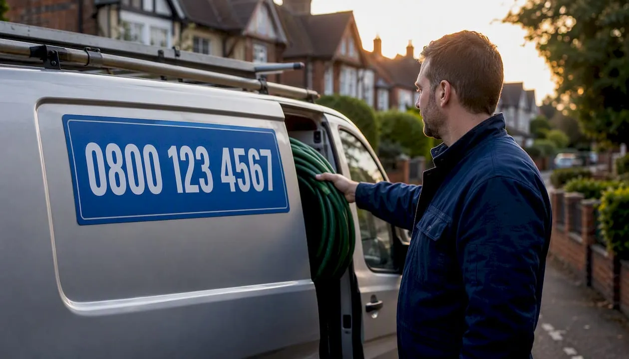 Plumber van with memorable phone number sign