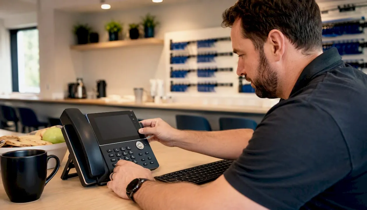 Hands connecting Ethernet cables to network switch