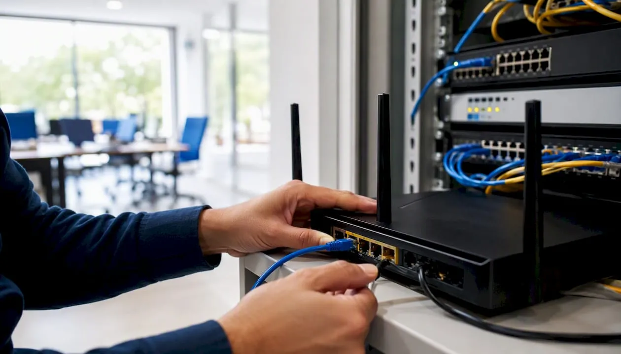 Hand plugging network cable into router