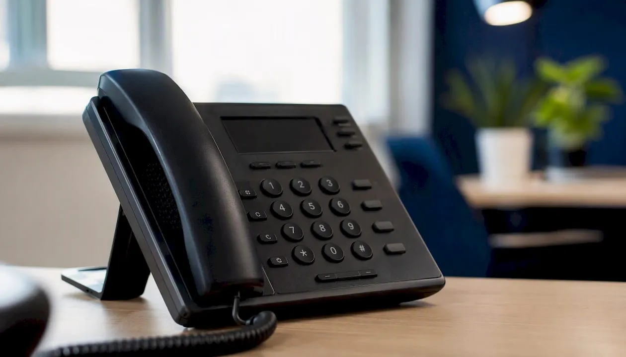 Office desk with landline phone handset close-up