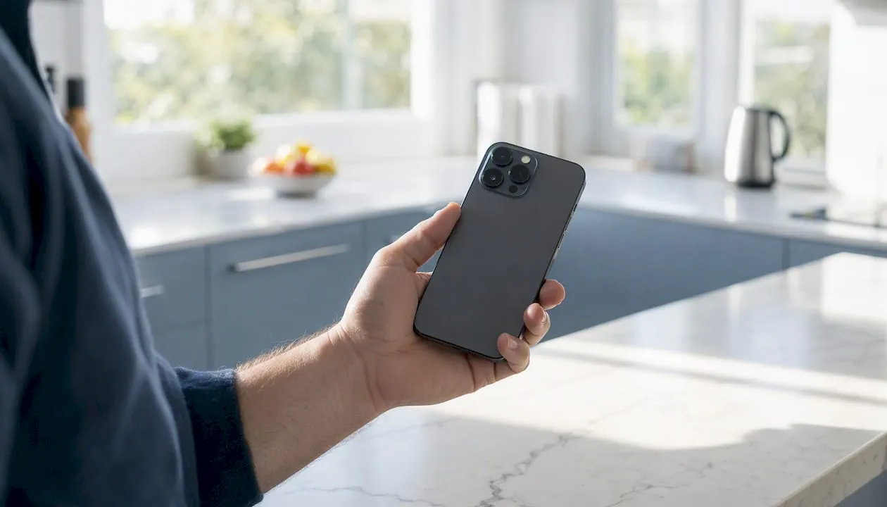 Hand holding iPhone with screen off