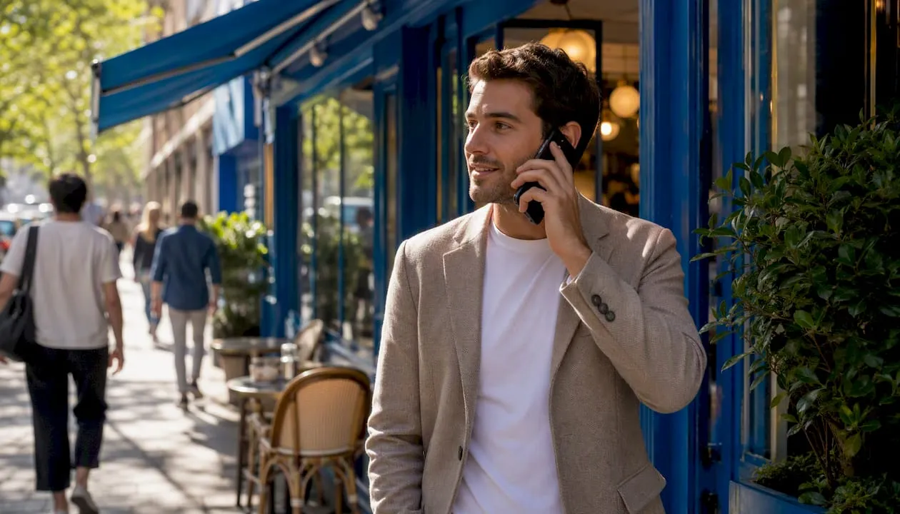 Business owner making call on street