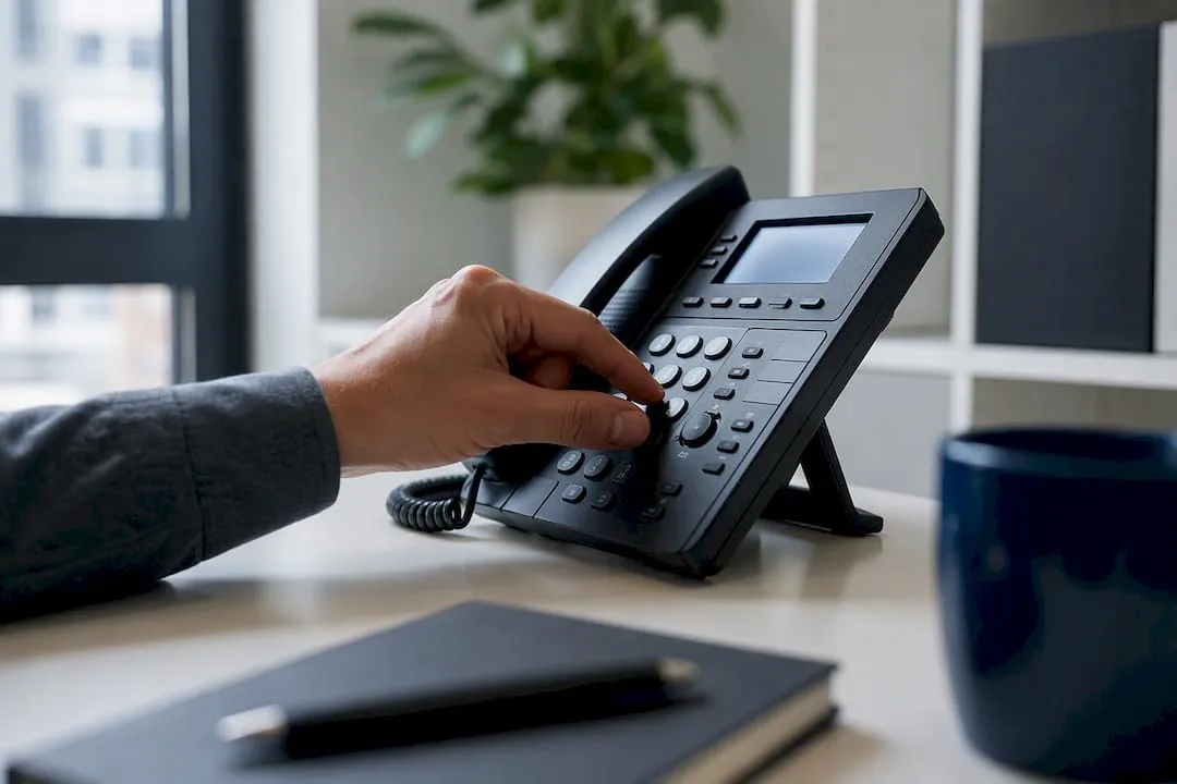 Close-up of hand dialing landline phone keypad