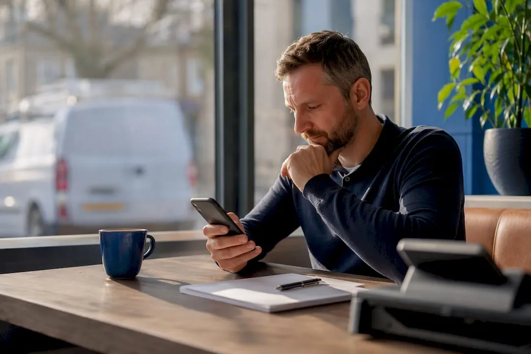 Small business owner holding phone thoughtfully