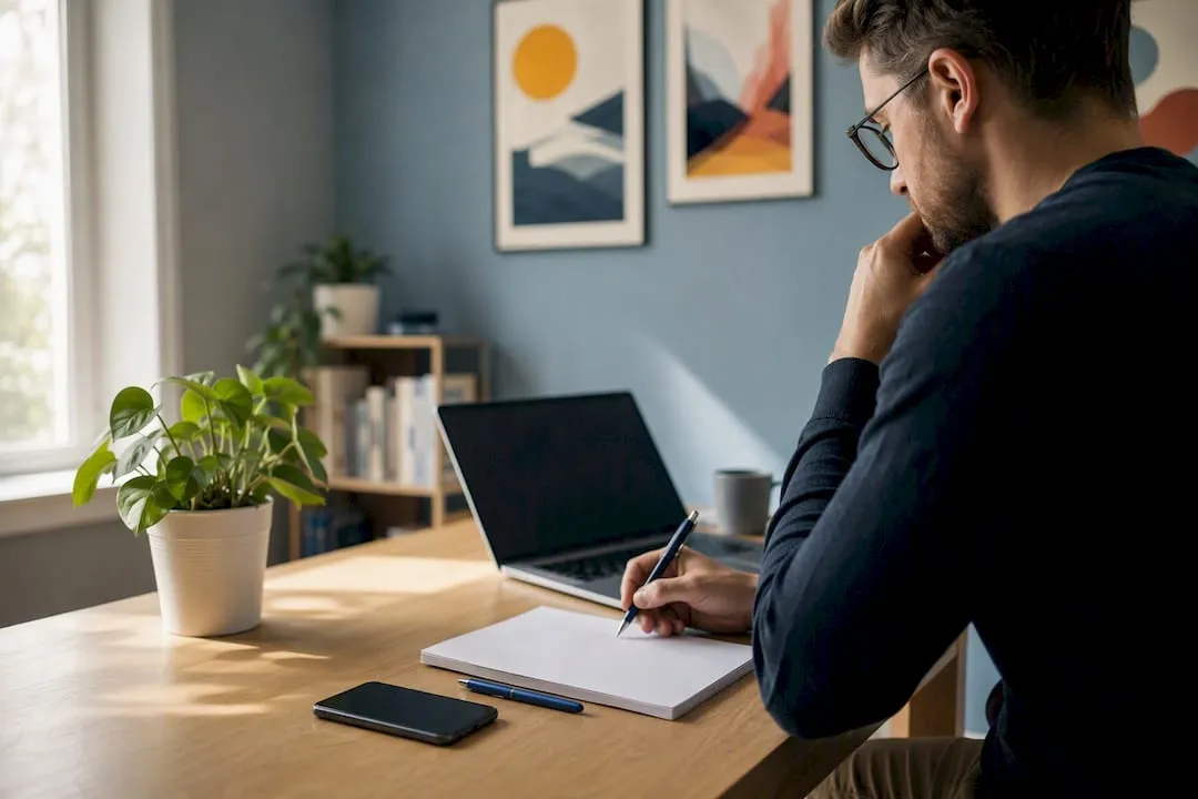 Desk with marketing notes and phone dial pad