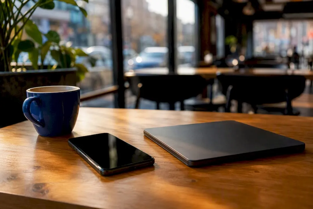 Multiple devices on a desk in home office
