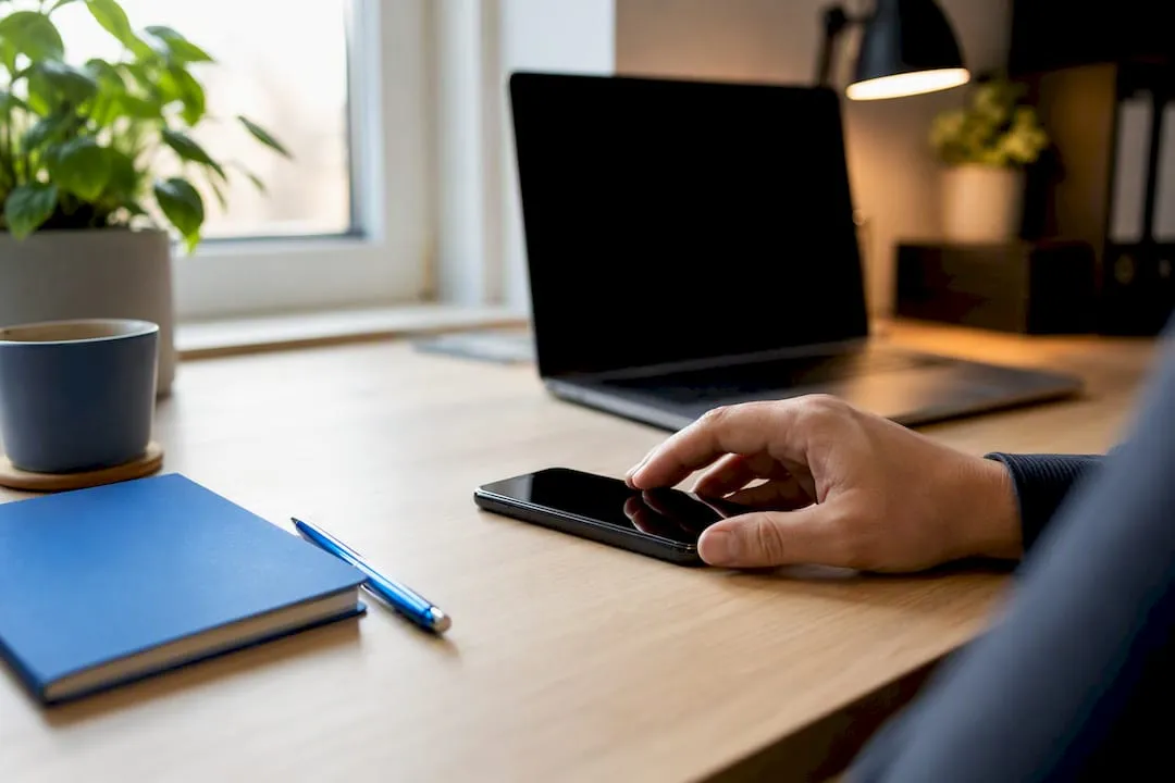 Hand holding smartphone in office setting