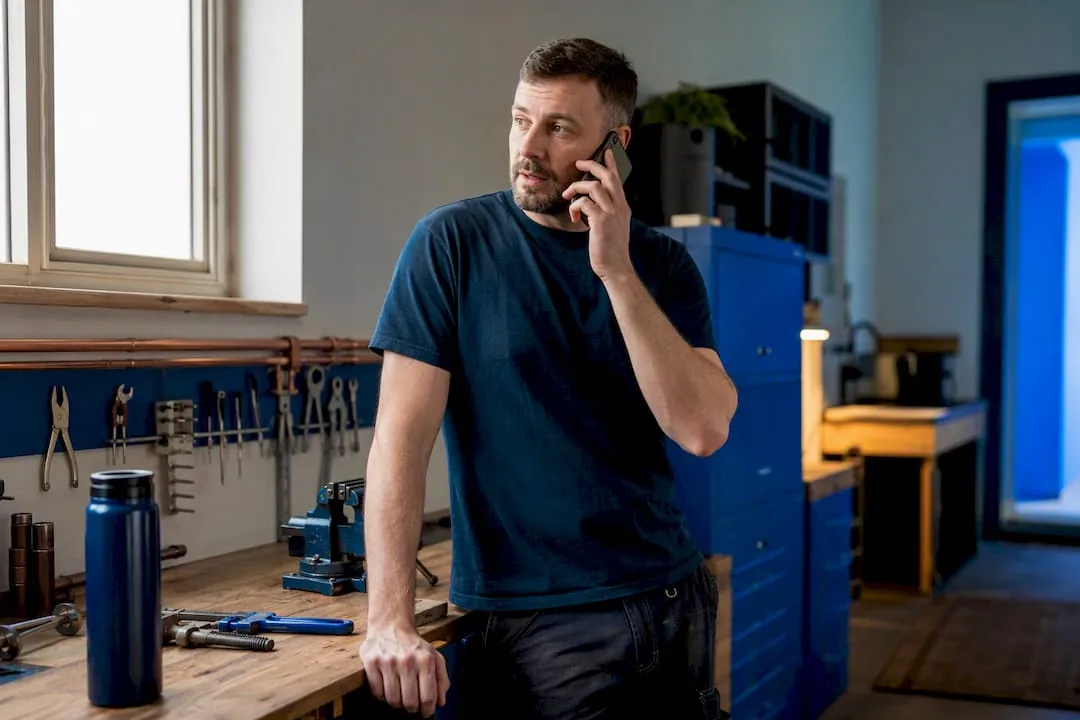 UK plumber answering a business call