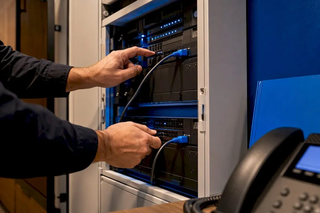 Technician tracing business telecom connections