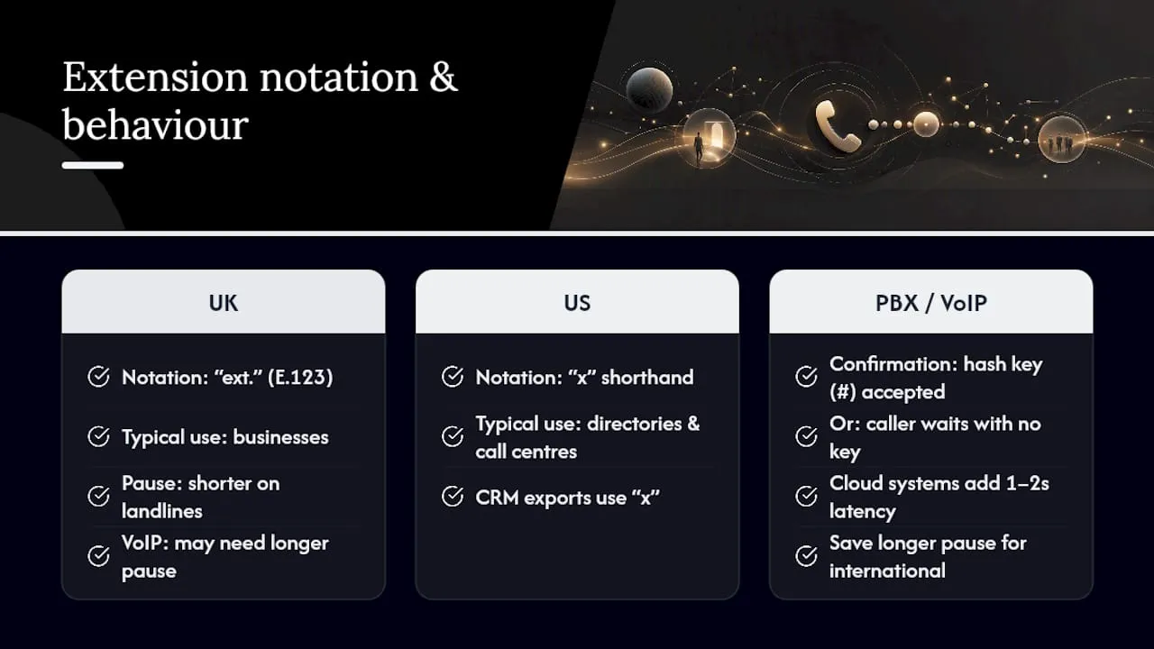 Extension notation and dialling habits vary by country and provider — overview diagram