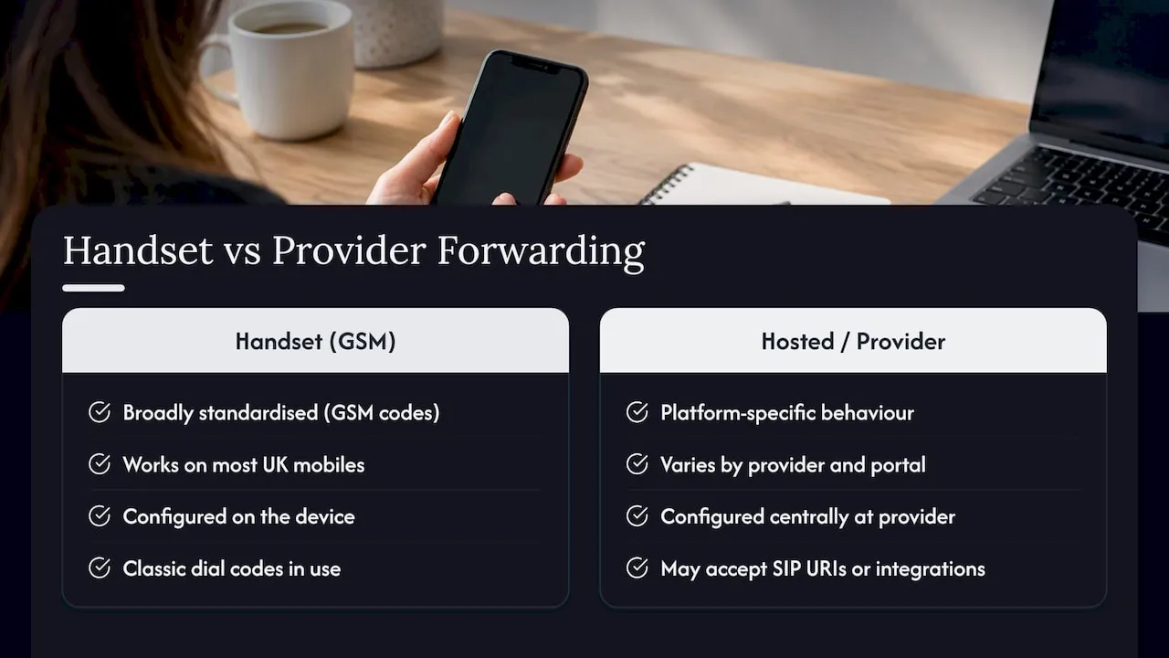 Do forwarding codes work the same across every carrier and phone? — overview diagram