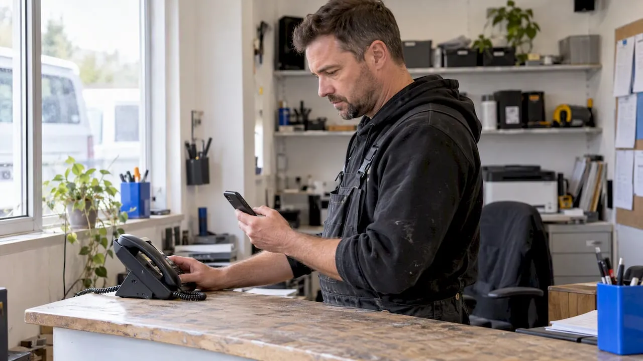 Business owner comparing landline and mobile phones