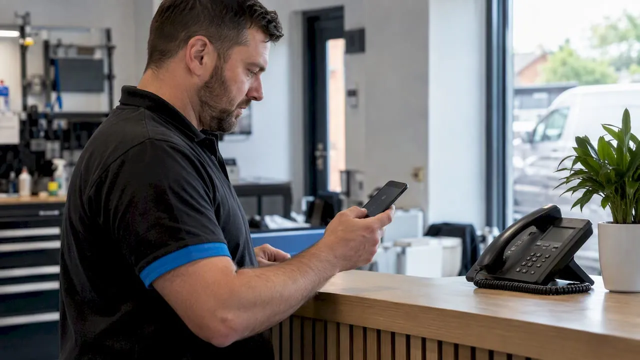 Business owner checking a phone for verification