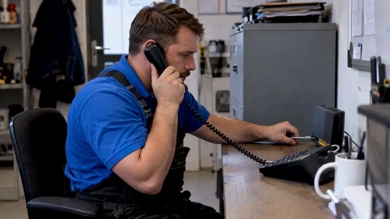 Plumber tests a phone connected to router