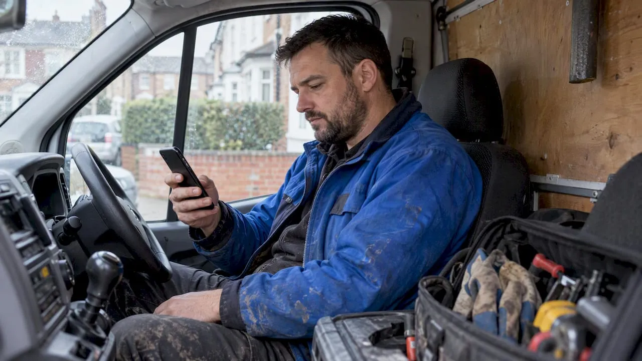 Plumber comparing phone services in parked van