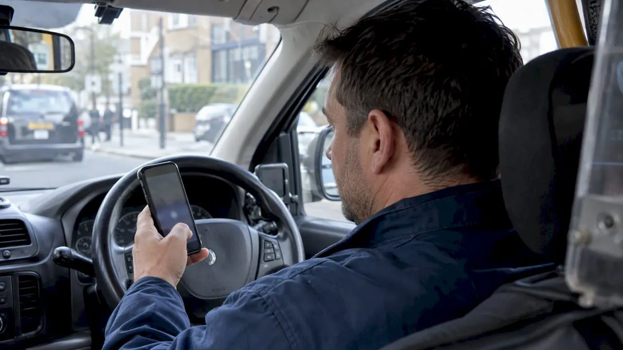 Taxi driver checks an incoming caller display