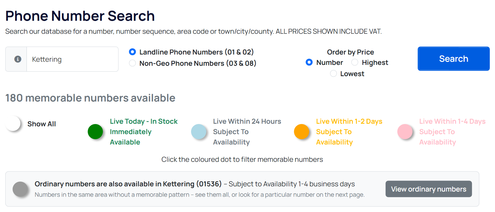 A memorable number search for Kettering, with ordinary numbers in Kettering (01536) offered underneath, subject to availability in 1-4 business days