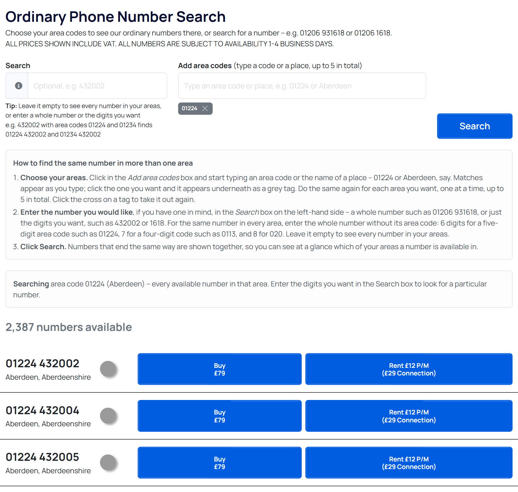 Ordinary numbers in Aberdeen: 01224 shown as a tag and the Search box left empty, listing every number in the area