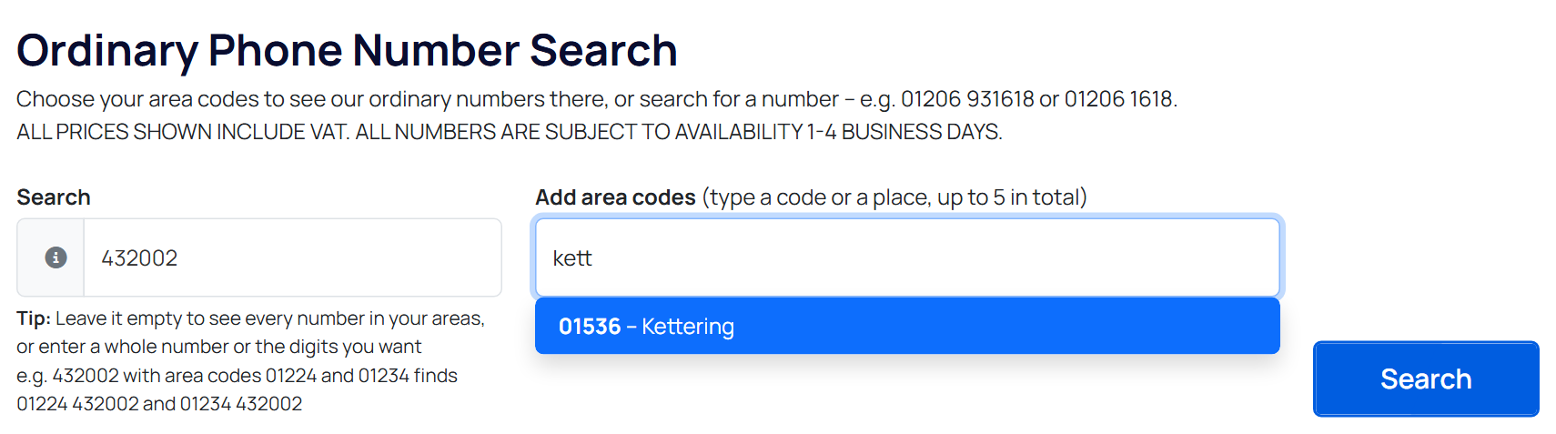 Four area codes already chosen, and kett typed into the Add area codes box with 01536 Kettering offered underneath