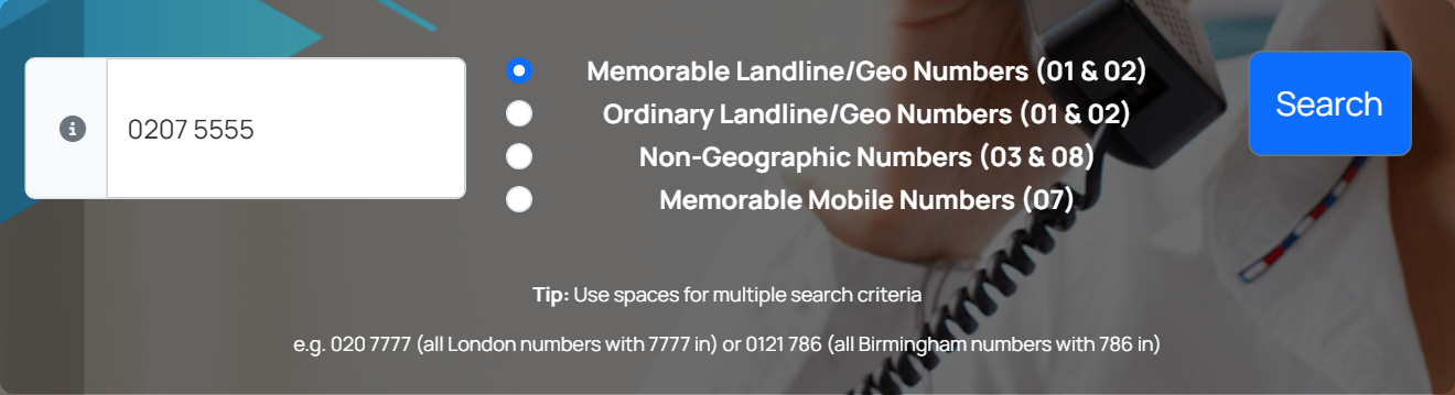The search box with Memorable Landline/Geo Numbers chosen and 0207 5555 entered