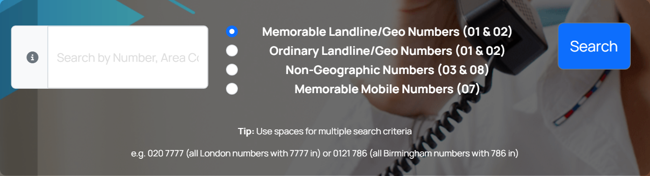 The search box, offering memorable landline, ordinary landline, non-geographic and memorable mobile numbers