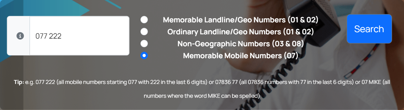The search box with Memorable Mobile Numbers chosen and 077 222 entered
